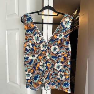 Zara Floral V-Neck Sleeveless Blouse - Blue, Orange, White
